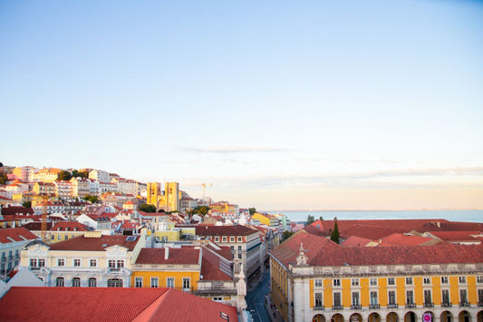 Best Portugal eSIM for travel; scenic Portugal city scape with red-tiled roofs under a blue sky.