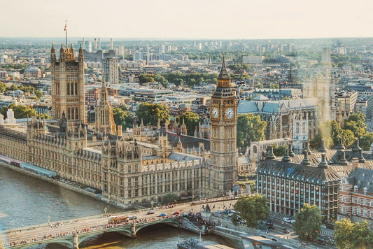 UK Data eSIM; scene from the air of Uk's Houses of Parliament. 