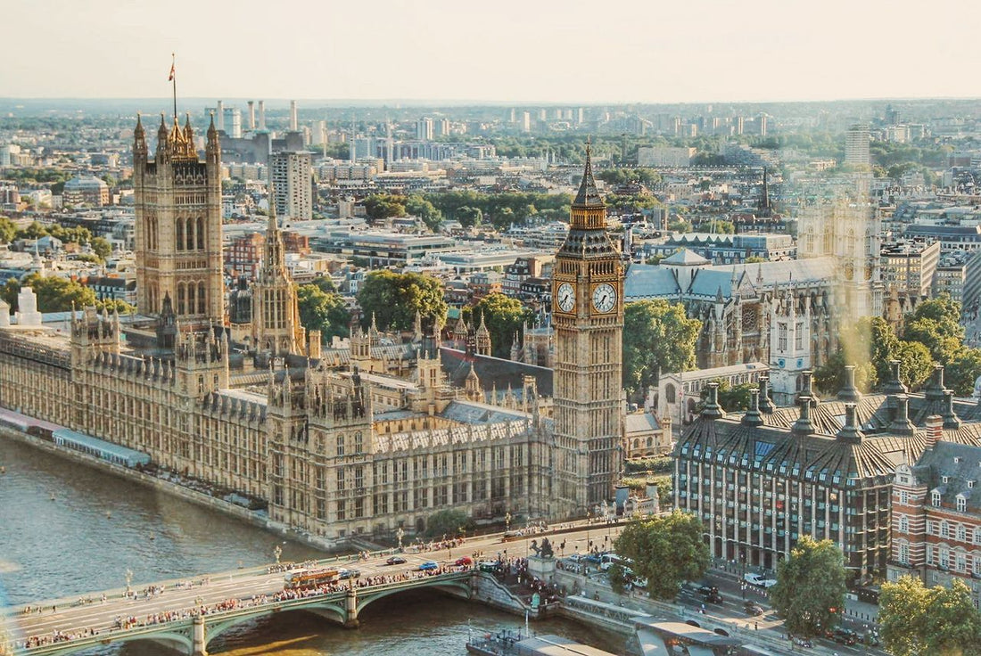 Best eSIM for UK travel; a photo of the UK's Houses of Parliament from the air.