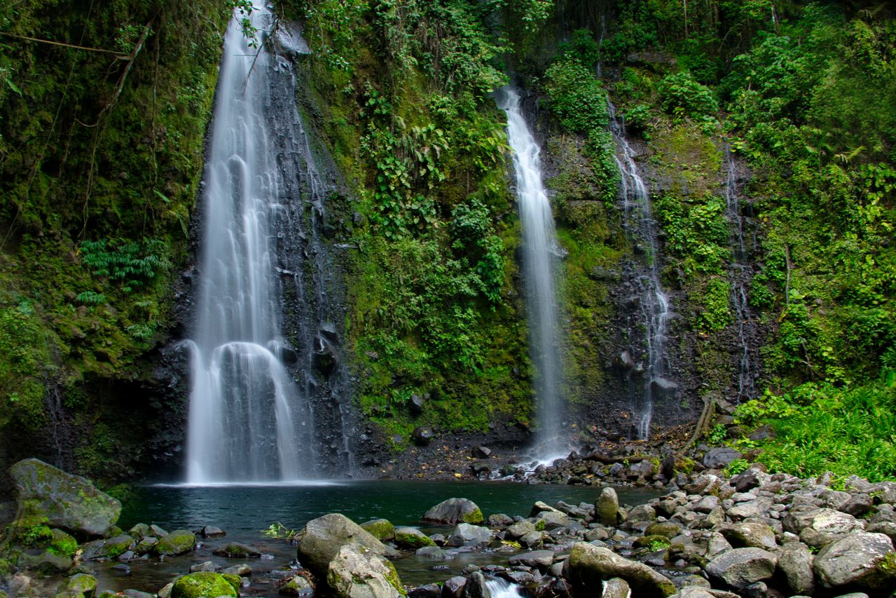 Best Dominica eSIM for travel: a lush tropical waterfall in Dominica with two tall cascades flowing into a dark pool, surrounded by dense green foliage and mossy.