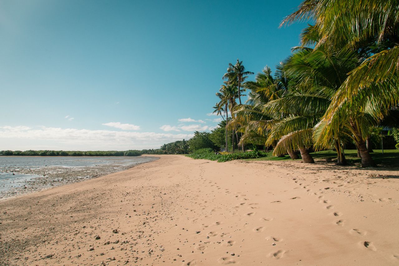 Best Fiji eSIM for travel; a tropical beach  in Fiji with pale sand in the foreground, a line of palm trees along the right side, calm water on the left.