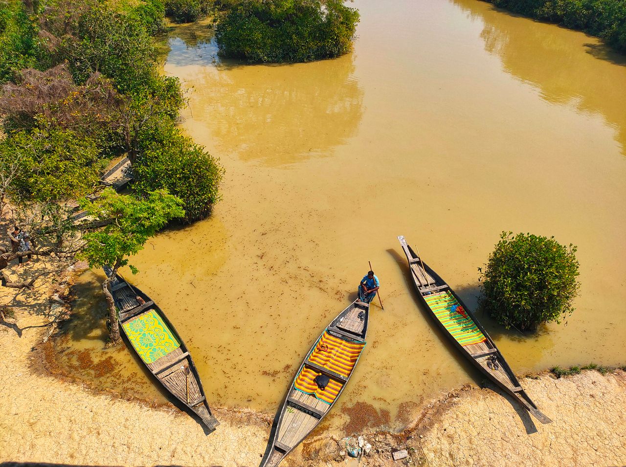 Best eSIM for Gambia; three canoes moored along a rivers edge in Gambia.