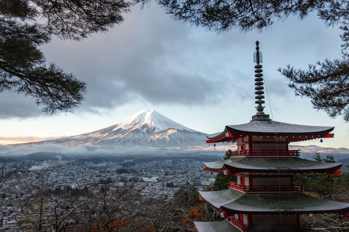 Japan esim plans for travelers - photo of traditional temple with Mount Fuji in the background.
