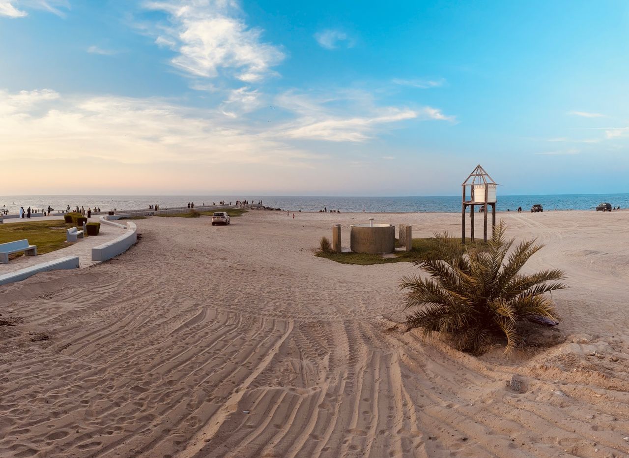 Best Kuwait eSIM for travel; a wide sandy beach scene at sunset in Kuwait with a blue sky, ocean in the distance, a small palm tree in the foreground.