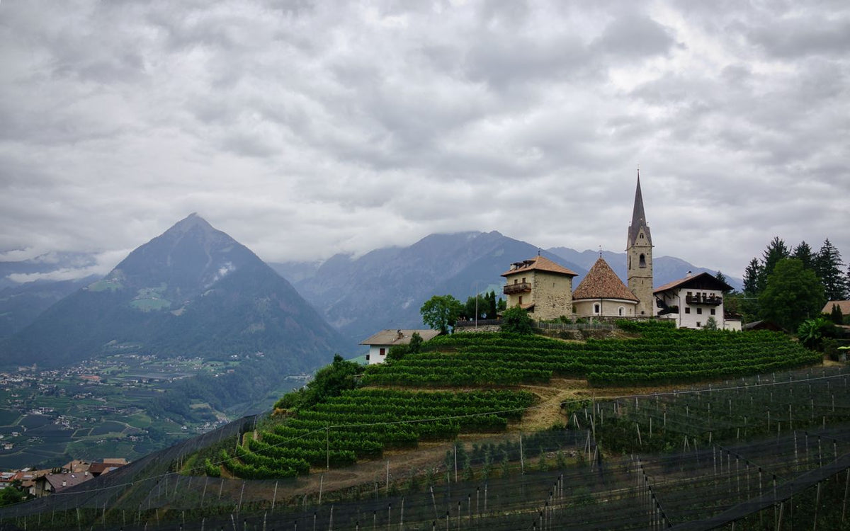 Best eSIM for Liechtenstein; a scenic view of mountains in Liechtenstein with hilltop village in the foreground, surrounded by terraced gardens.