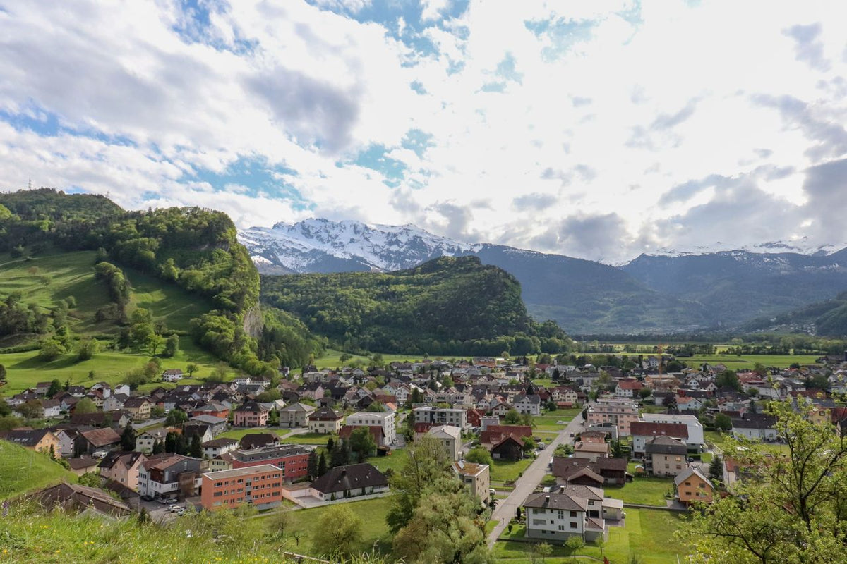 Best Liechtenstein eSIM for travel; a scenic mountain valley town in Liechtenstein with green hills, clustered buildings, and snow-capped peaks.