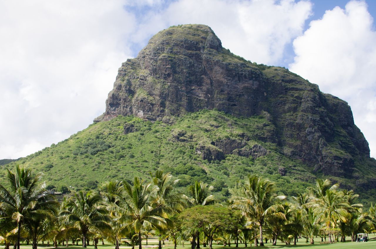 Best eSIM for Mauritius; a tropical mountain landscape in Mauritius with a large rocky green peak, palm trees in the foreground.