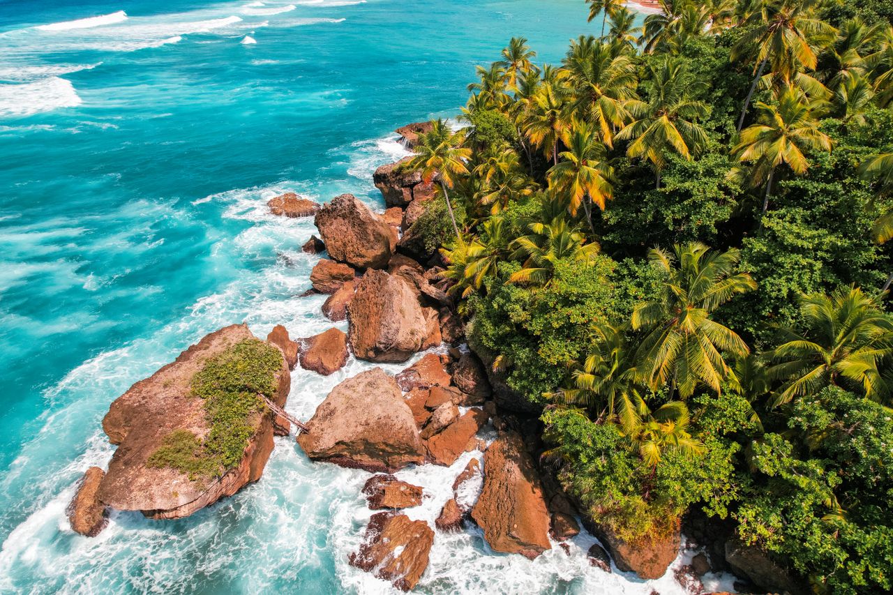 Best eSIM for Trinidad and Tobago; aerial view of a tropical coastline in Trinidad and Tobago with turquoise ocean water, large brown rocks.